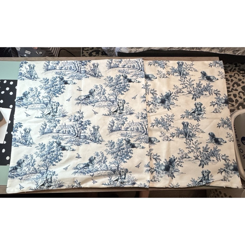 Set of 2 Toile Blue French Country 18x18 Throw Pillow Covers Golden Retrievers